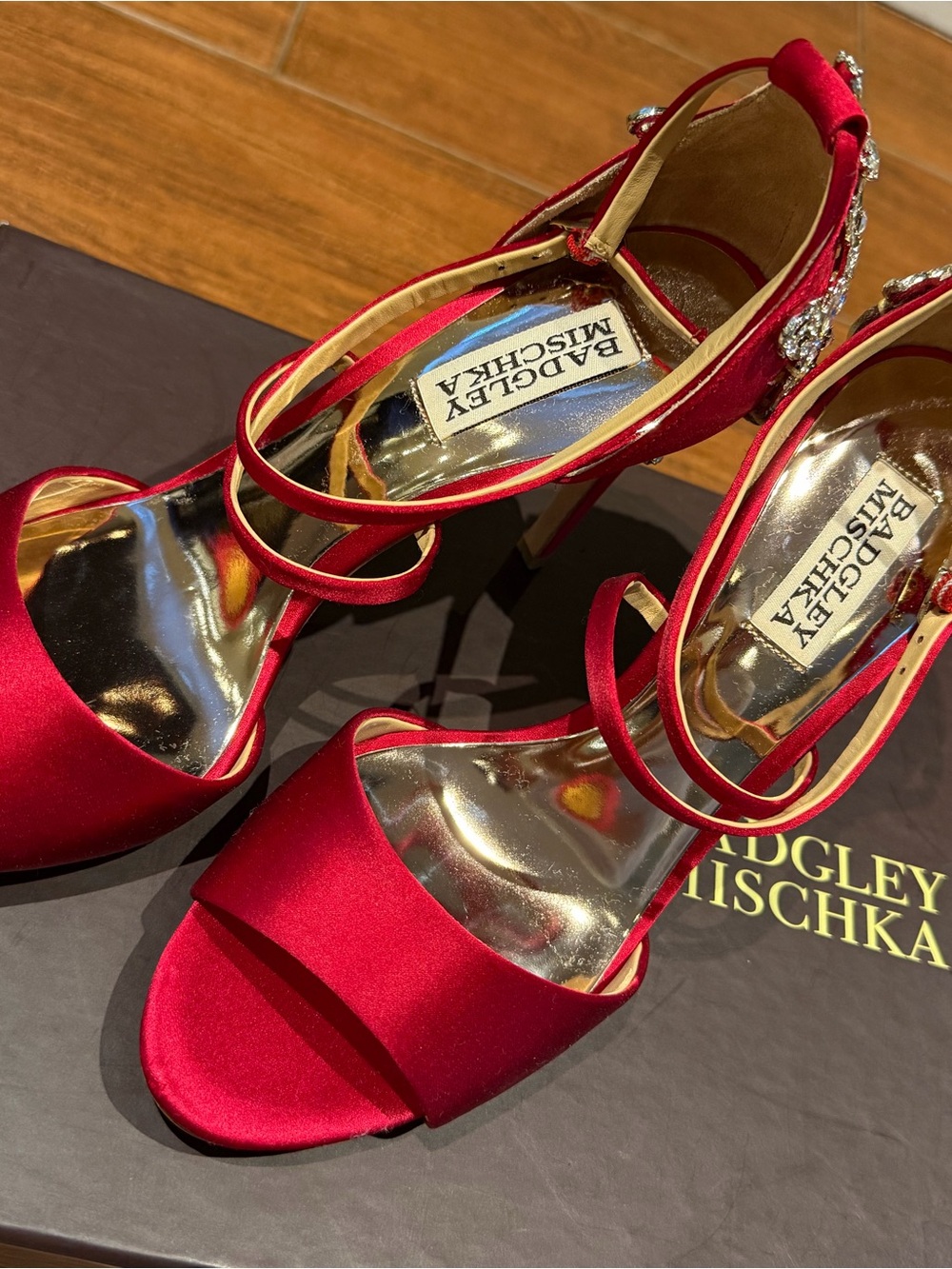 Badgley Mischka Red Satin Strappy Heels with Crystal Accent